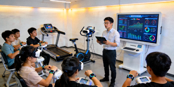 某高校智慧体育教室实景，学生使用智能设备上课